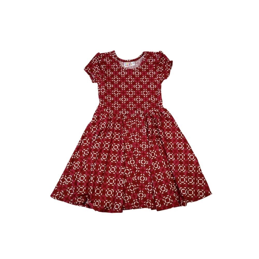 Dot Dot Smile Girls Red and Pink Patterned cap‎ Sleeve Dress Size 3/4